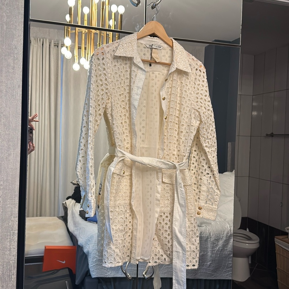 Zara, cream, embroidered, long sleeve mini dress